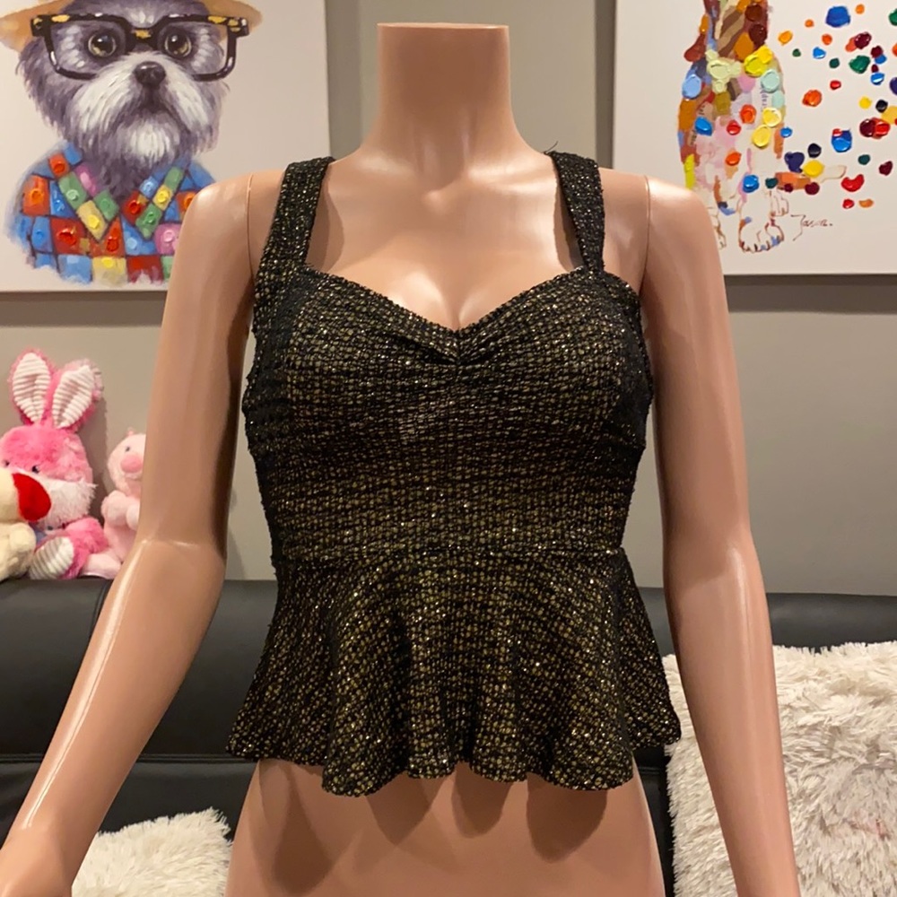 NWT BCBGMaxAzria Gold Black Metallic Knit Backless Peplum Top Size Small